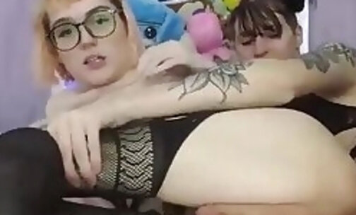 Two cute ladyboys humping sideways for the fans