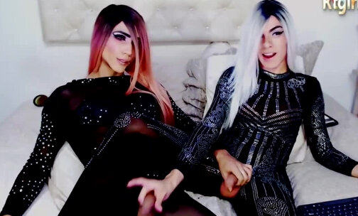 twin tranny sisters have mutual handjob on webcam
