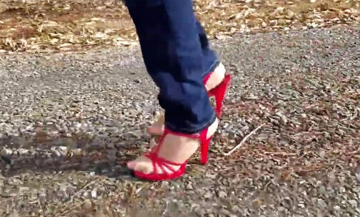 Crossdresser walking in pantyhose and high heels Pt1