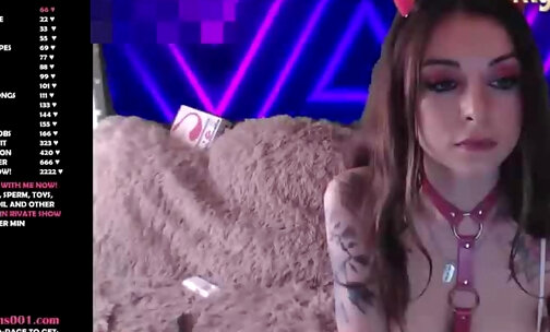 collar teen tgirl with cat tatto and ears teasing on cam