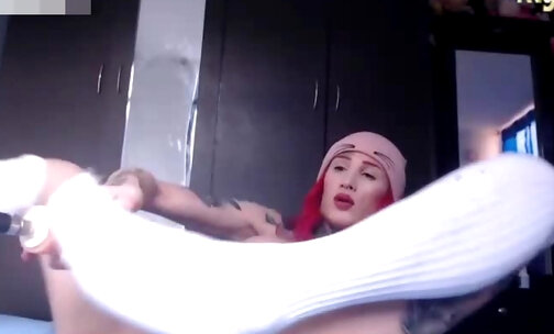 huge boobs redhead tgirl with full tattoos masturbates on webcam