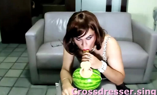 Lana Crossdresser fucks a watermelon
