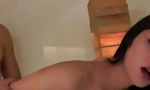 Teen brunette ladyboy in black lingerie gets fucked in the bathtub