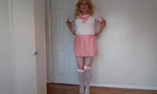 Pink and white outfit and panties pulled aside