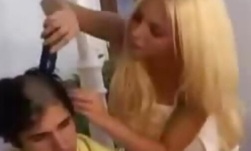 Blonde TS hairdresser fucks her client