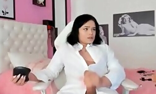 Tranny girl dressed in white with her thick cock