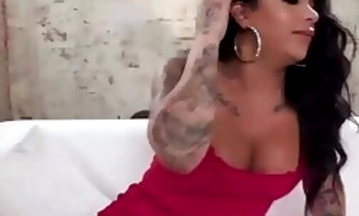 Busty tattooed trans Jane Marie sucks and bareback anal sex