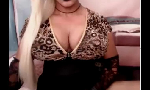 Busty blonde shemale with bick cock cums on cam