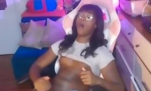 glassesed black trans babe with sexy feet legs and big