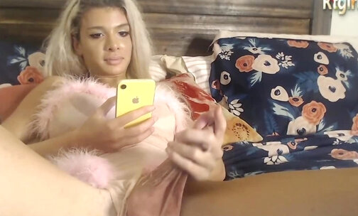 slender trans girl in Lingerie strokes her dick on webcam