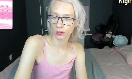 silvery white haired skinny transgirl in glasses teases on webcam