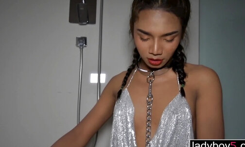 Teen ladyboy Mickey in bondage fetish blowjob and piss eating in the shower