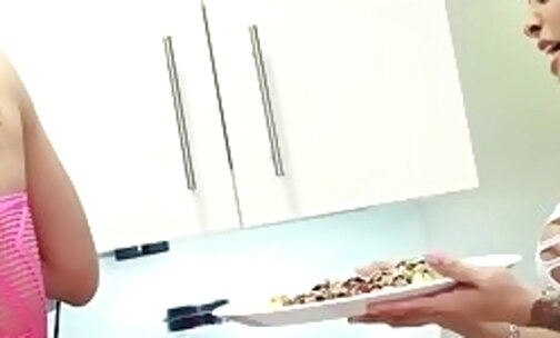 Lovely Asian ladyboy jolting off to jizz on a food plate