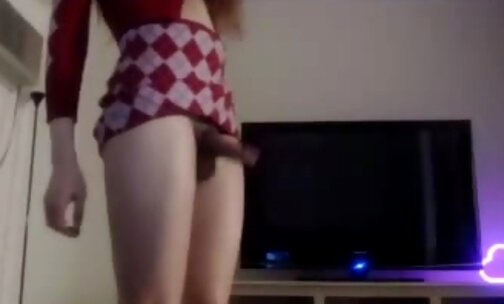slim redhead teen tgirl tugging her big cock