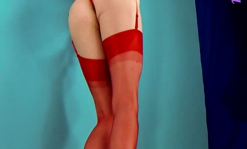 Redhead in red lingere, high heels & vintage stockings