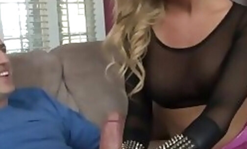 Busty blonde tgirl Aubrey Kate facefucks and anal fucks guy