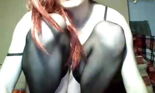 redhead tranny in black stockings stroking her big cock pov webcam