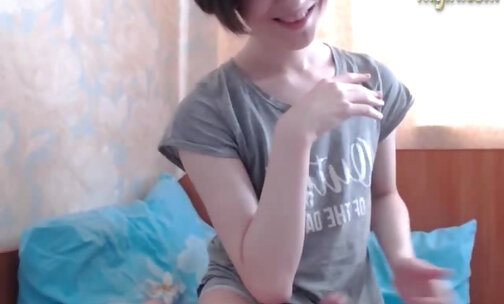 cute russian femboy stroking her cock