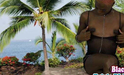 Solo ebony tgirl in lingerie masturbating