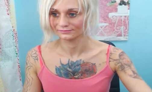 Blonde Inked Shemale Masturbation