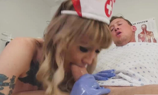 Hot tattooed Tgirl Nurse Kelly rides patient Pierce Paris hard cock