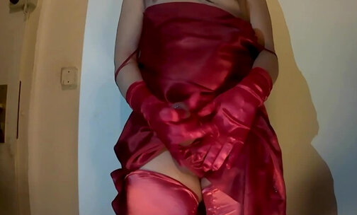Wanking in full red Satin outfit