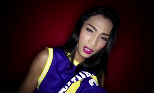 Asian ladyboy in a jersey gets crempied bareback style