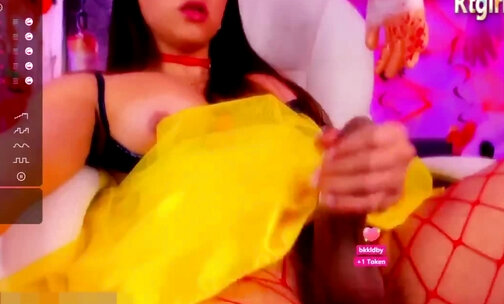 big boobs tgirl in fishnet stockings wanks on Halloween