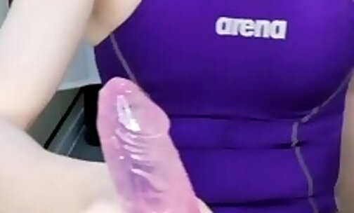 Japanese Sissy Dildo Solo Cum with Purple Swimsuit, Tan Pantyhose, Boots
