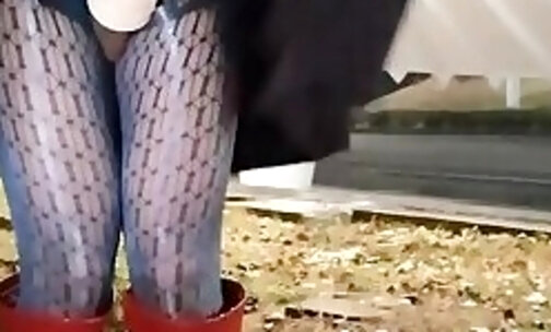 Busty roadside cumshot series 2.  in blue stockings and red boots flak   (01:01)