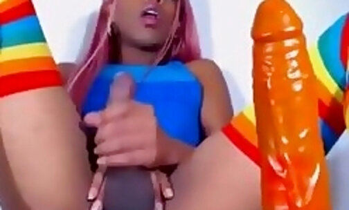 Gorgeous Ebony tranny In Knee Socks Masturbating On Liv