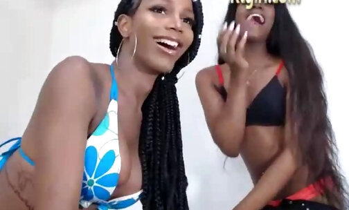 ebony shemale and her female friend dance on cam