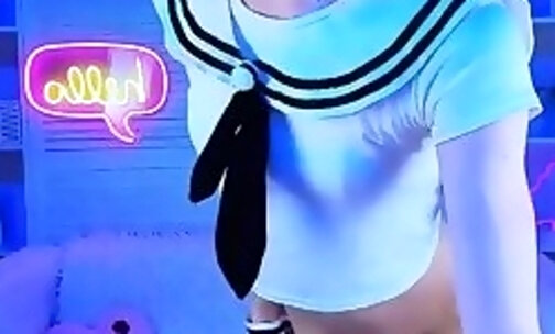 skinny russian teen transgirl in Navy shirt strokes her tiny dick on webcam