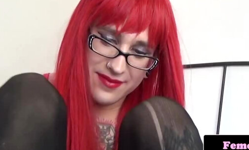 Tattooed redhead trans queen solo masturbating